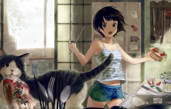 Картинка Girl, shorts, anime, food, cat, short hair, animal, brunette