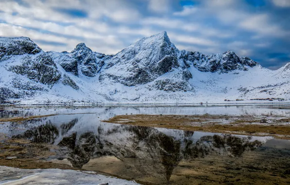 Картинка зима, снег, пейзаж, горы, природа, озеро, отражение