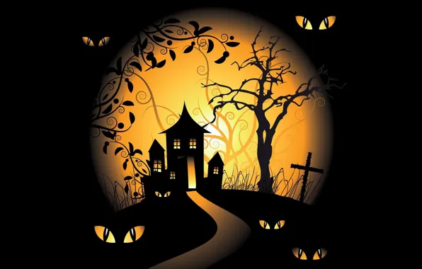 Картинка vector, Halloween, moon, trees, eyes, holiday, black background, spooky