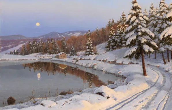 Картинка зима, дорога, лес, пейзаж, горы, ночь, озеро, дом