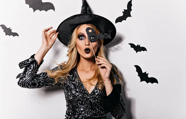 Девушка, Блондинка, Ведьма, Halloween, Хеллоуин, Шляпа, Летучие мыши