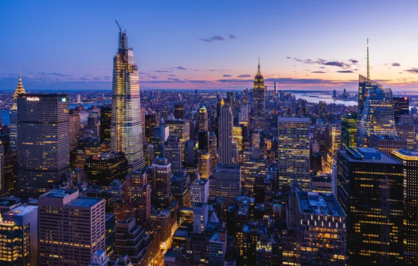 Здания, дома, Нью-Йорк, панорама, ночной город, Манхэттен, небоскрёбы, Manhattan