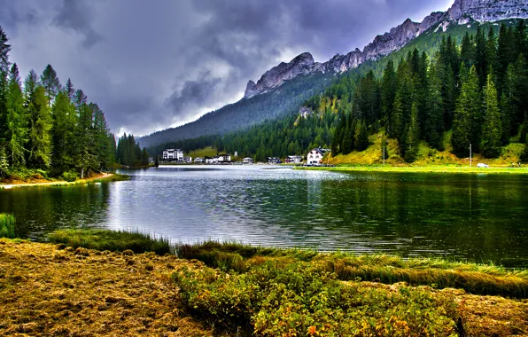 Картинка небо, облака, деревья, горы, озеро, Альпы, Италия, отель