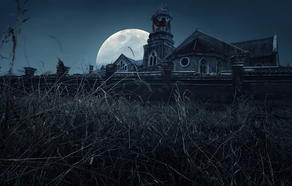Картинка ночь, монастырь, полная луна