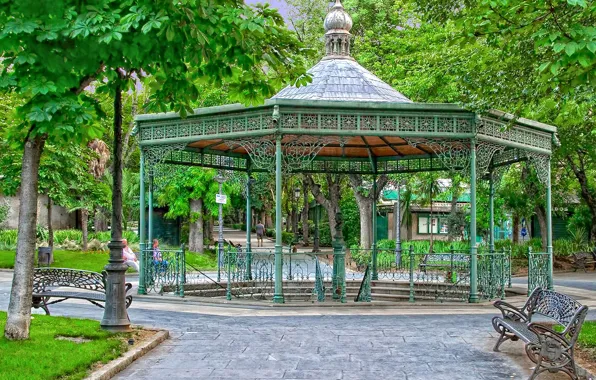 Картинка деревья, парк, аллея, беседка, скамья