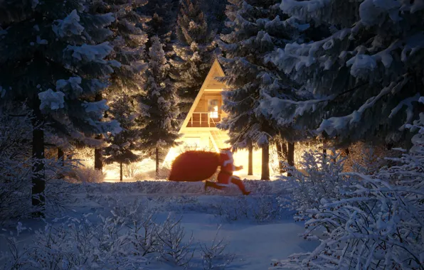 Картинка зима, снег, деревья, дом, Рождество, Новый год, Дед Мороз, бежит