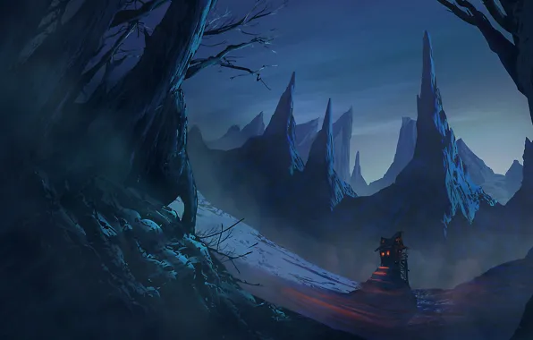 Картинка горы, фантастика, скалы, дома, арт, fantasy, art, Bandith KHAMCHANH