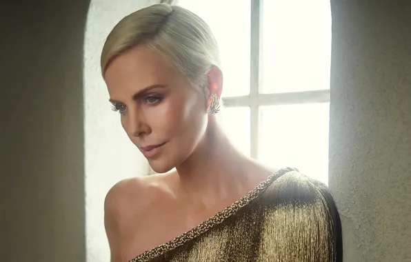 Взгляд, девушка, лицо, Charlize Theron, актриса, окно, блондинка