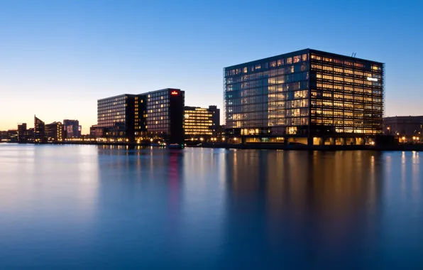 Lights, buildings, harbour, blue hour, Denmark, Copenhagen, Hovedstaden