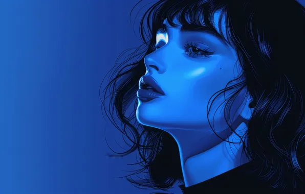 Blue, blue background, black hair, bangs, juicy lips, AI art, mole under eye, cateye (makeup)