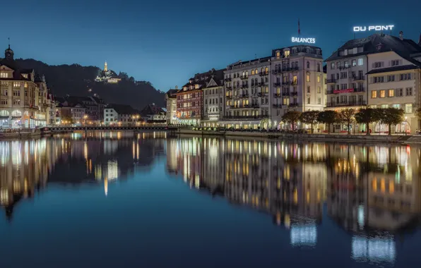 Отражение, река, здания, дома, Швейцария, ночной город, Switzerland, Люцерн