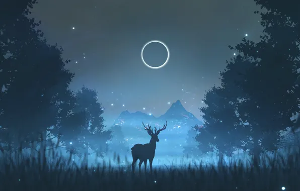 Ночь, Деревья, Луна, Лес, Силуэт, Олень, Fantasy, Night