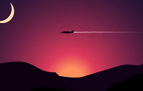 Moon, aircraft, minimalism, sunset, streamline, mountain, hills, sundown