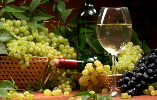 Картинка листья, вино, белое, бокал, бутылка, виноград, корзины