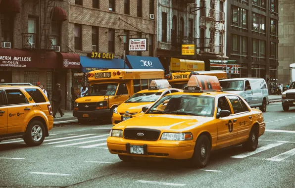 Картинка Manhattan, NYC, New York City, street, taxi, school bus, Yellow Traffic