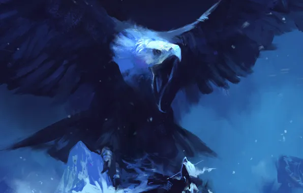 Картинка снег, горы, ночь, орел, человек, крылья, арт, метель