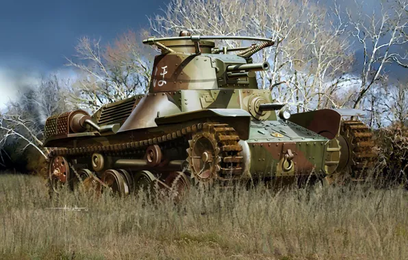 Картинка легкий, арт, танк, японский, WW2., башней, танка, собой