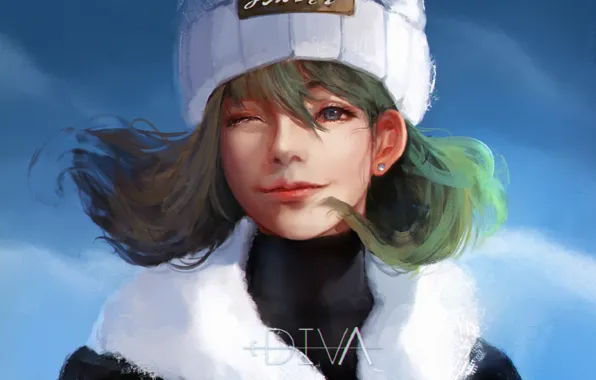 Картинка небо, девочка, зеленые волосы, шапочка, подмигивание, белый мех, by Diva