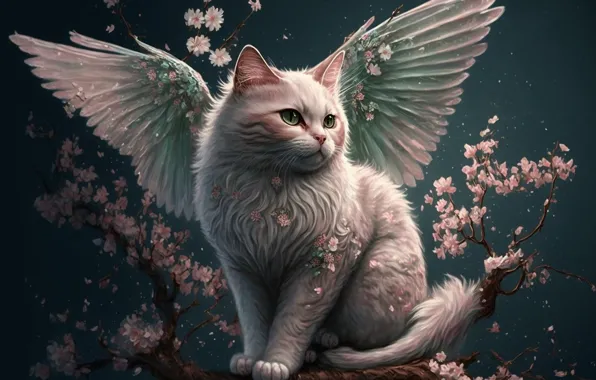 Кошка, кот, крылья, ИИ-арт, нейросеть, искусство искусственного интеллекта, котопегас, кошачий ангел