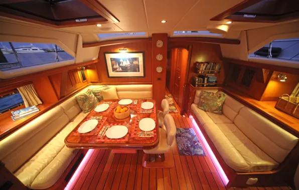 Дизайн, стиль, интерьер, luxury motor yacht, dining and living area