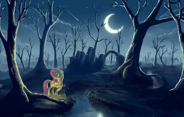 Лес, ночь, луна, фонарь, пони, My little pony