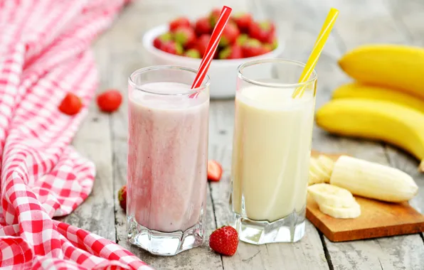 Ягоды, клубника, коктейль, стаканы, напиток, банан, вкусно, клубничный