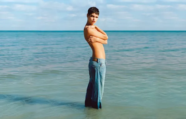 Waves, sea, short hair, surf, jeans, topless, Geldof, Pixie Geldof