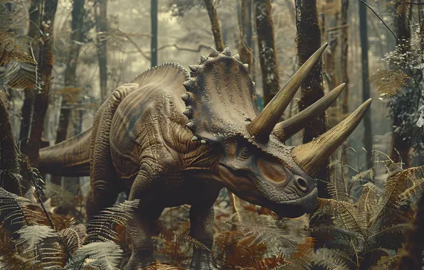 Трава, Деревья, Динозавр, Рога, Triceratops, Животное, Цифровое искусство, Трицератопс