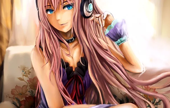 Girl, cleavage, Vocaloid, dress, breast, anime, headphones, blue eyes
