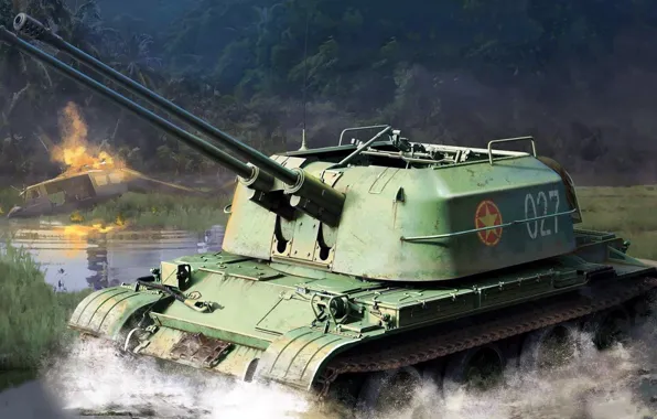 Рисунок, Вьетнам, спаренная, ЗСУ-57-2, советская зенитная самоходная артиллерийская устан, двуствольная