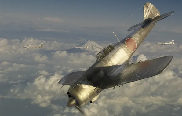 Облака, полет, арт, самолеты, в небе, Ki-84