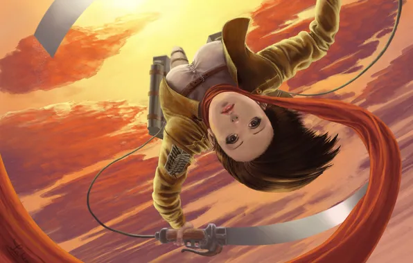 Картинка девушка, солнце, полет, мечи, Attack on Titan, Mikasa