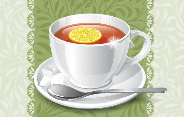 Картинка фон, лимон, чай, ложка, чашка, блюдце
