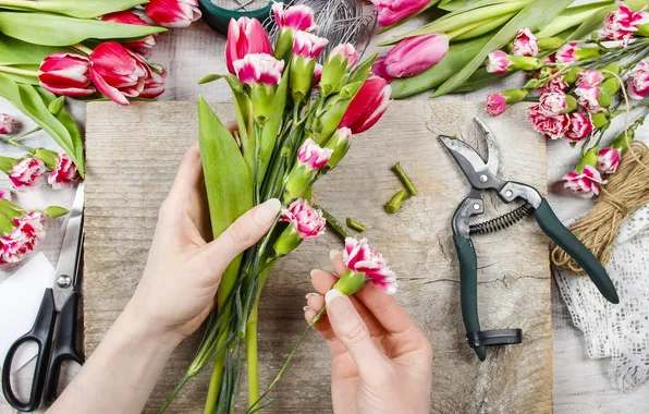 Картинка тюльпаны, flowers, tulips, spring, workplace, гвоздики, florist