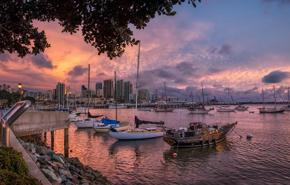 Картинка закат, город, дома, корабли, лодки, набережная, гавань, Сан Диего