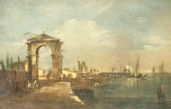 Масло, картина, холст, Francesco Guardi, Франческо Гварди, Пейзаж с набережной и судами, 1780