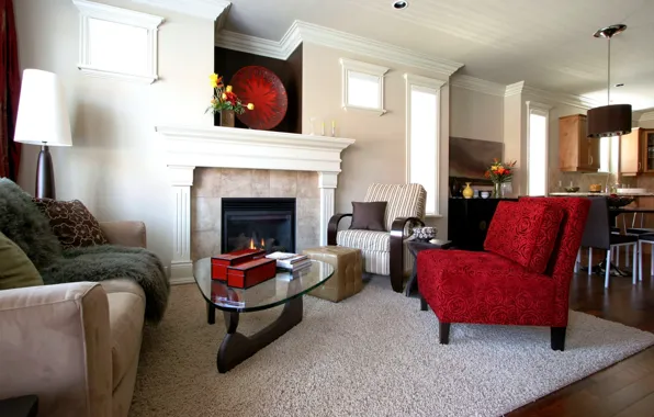 Картинка красный, дизайн, стиль, комната, диван, ковер, мебель, интерьер