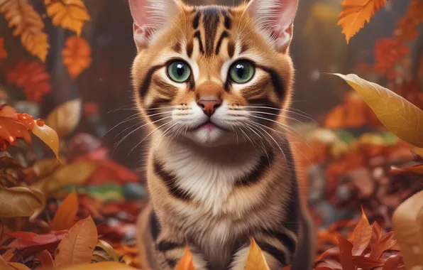 Осень, кошка, кот, взгляд, природа, поза, котенок, листва