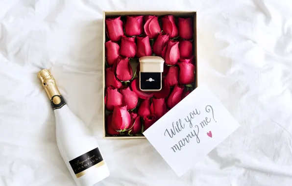 Картинка коробка, розы, кольцо, красные, шампанское, бутоны, Romantic, помолвка