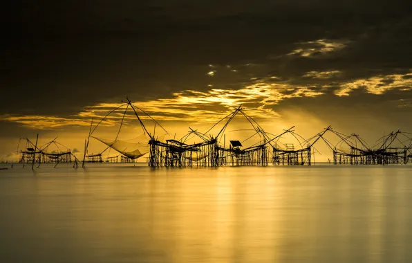 Море, Таиланд, зарево, рыбацкие сети