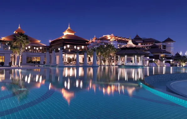 Пальмы, вечер, бассейн, отель, курорт, Dubai, Anantara