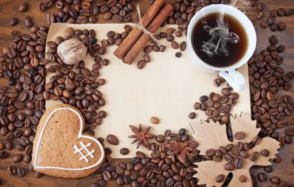 Кофе, зерна, печенье, чашка, hot, heart, coffee beans