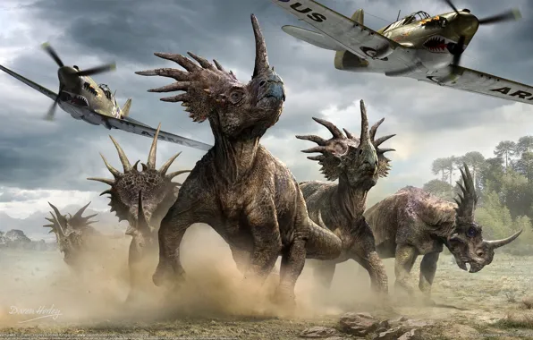 Картинка динозавры, самолёты, Daren Horley, стиракозавры