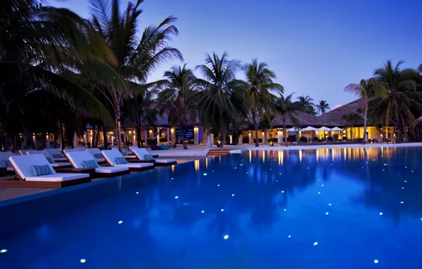 Картинка деревья, пальмы, вечер, бассейн, Мальдивы, отель, шезлонги, Maldives