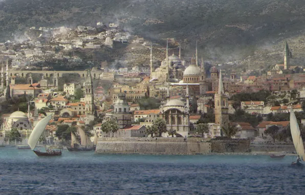Город, берег, здания, лодки, Mediterranean City