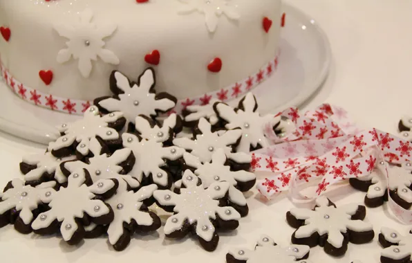 Картинка белый, снежинки, праздник, еда, печенье, Рождество, лента, сердечки