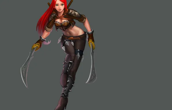 Взгляд, оружие, фон, игра, League of Legends, Katarina, красные волосы, LoL