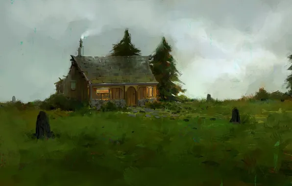 Дом, ёлки, нарисованный пейзаж