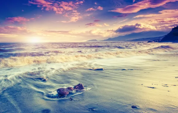 Море, закат, beach, sea, sunset, sand, wave