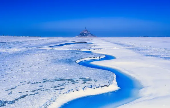 France, snow, morning, Mont Saint-Michel, normandie